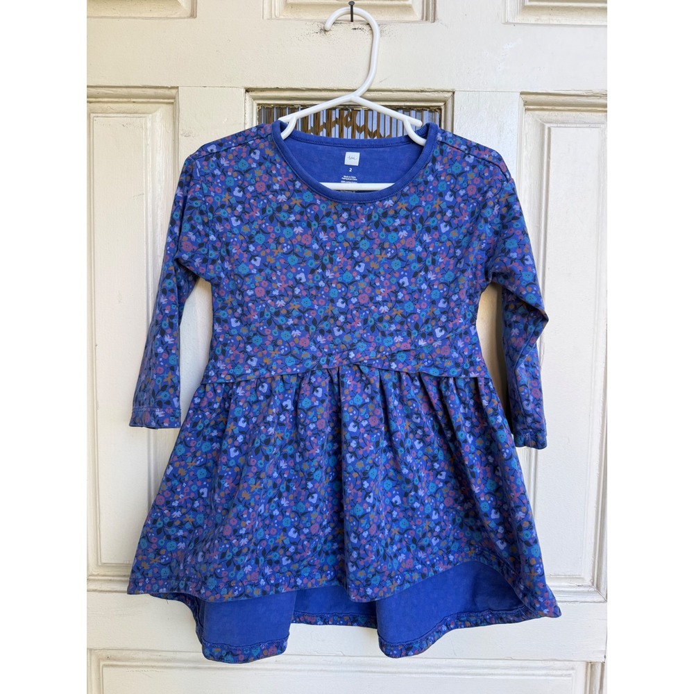 Tea Collection Girls Blue Floral Long Sleeve Cotton Jersey Dress Size 2